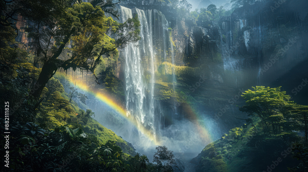 A rainbow forming in the mist of a powerful waterfall, adding a magical touch to the natural scenery. A rainbow forming in the mist of a powerful waterfall, adding a magical touch to the natural scenery.