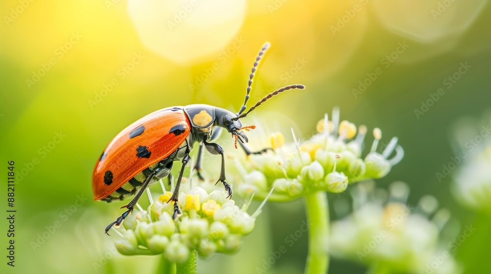 Close-up of a red ladybug with black spots on a green plant with white flowers. Close-up of a red ladybug with black spots on a green plant with white flowers.