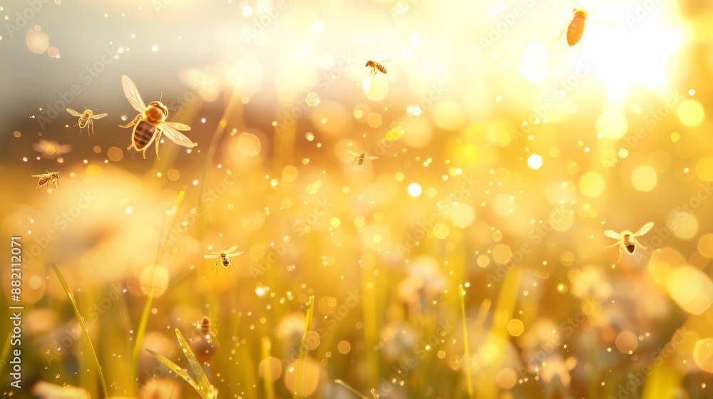 Fototapeta premium Orbweavers and parasitic wasps in a meadow, detailed macro shot, vibrant and dynamic natural scene