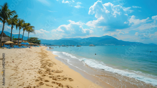 A scenic view of the golden sands and blue waters of Nha Trang beach, with tourists enjoying various water activities