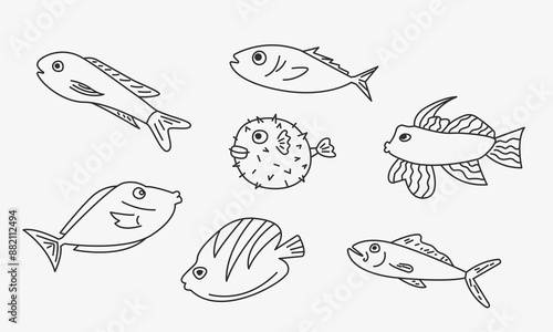Cartoon fish line illustration set. Vector