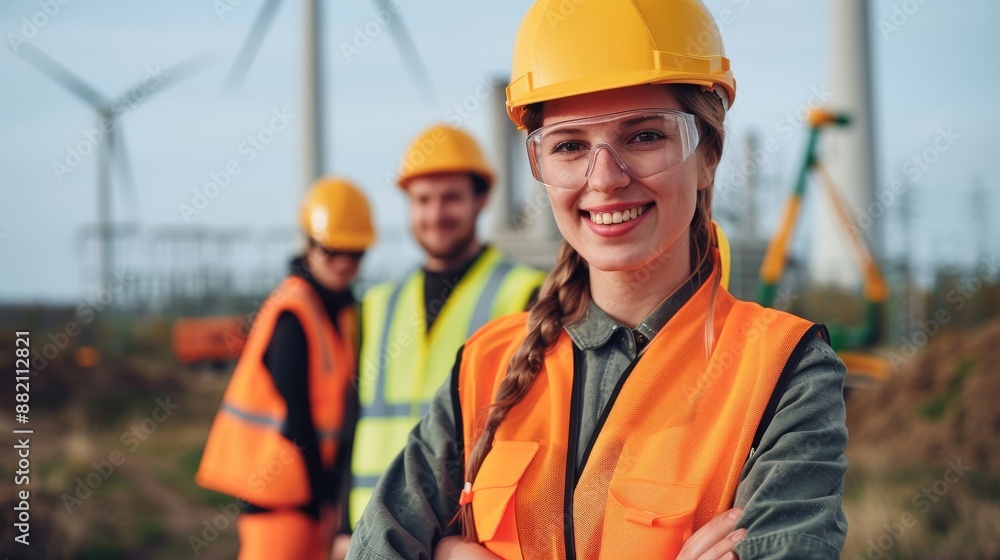 Work is underway on a wind farm. Renewable energy production station with engineers smiling at the camera. Work is underway on a wind farm. Renewable energy production station with engineers smiling at the camera.