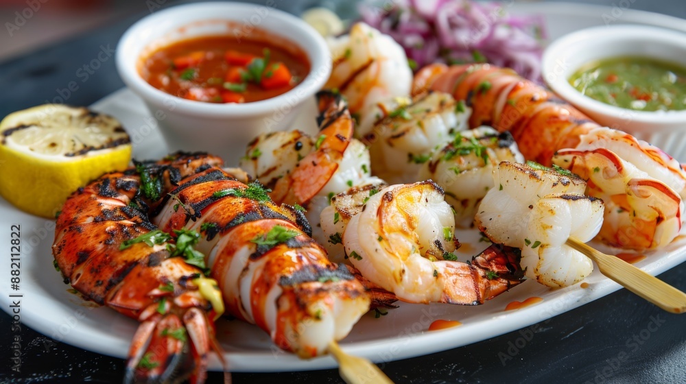 A seafood barbecue platter with grilled lobster tail, skewered shrimp, and grilled scallops, served with dipping sauces. A seafood barbecue platter with grilled lobster tail, skewered shrimp, and grilled scallops, served with dipping sauces.