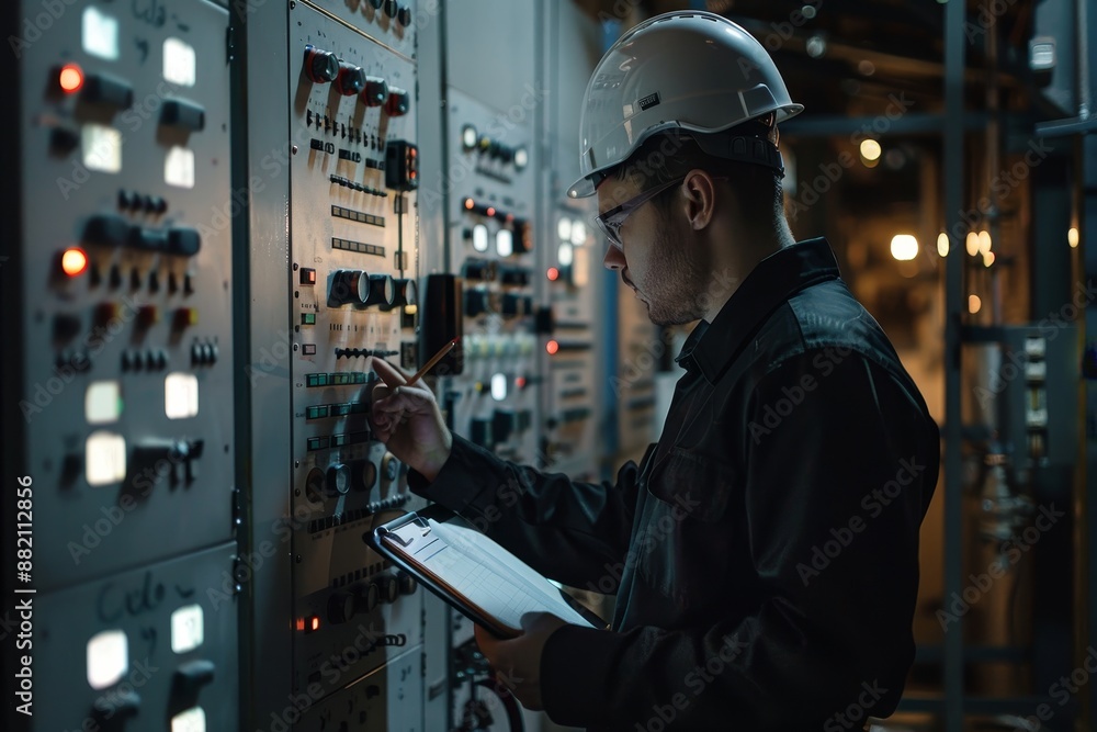 An electrical worker uses a tablet while working on a fuseboard. An electrical worker uses a tablet while working on a fuseboard.