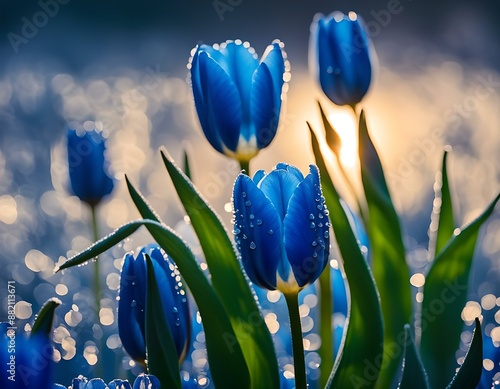 a blue tulip glistening with morning dew #882113671