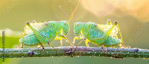 Two green grasshoppers perched on a branch in the sunlight. photo