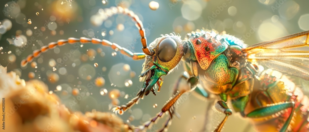 Fototapeta premium Close-up of a colorful wasp with bokeh background
