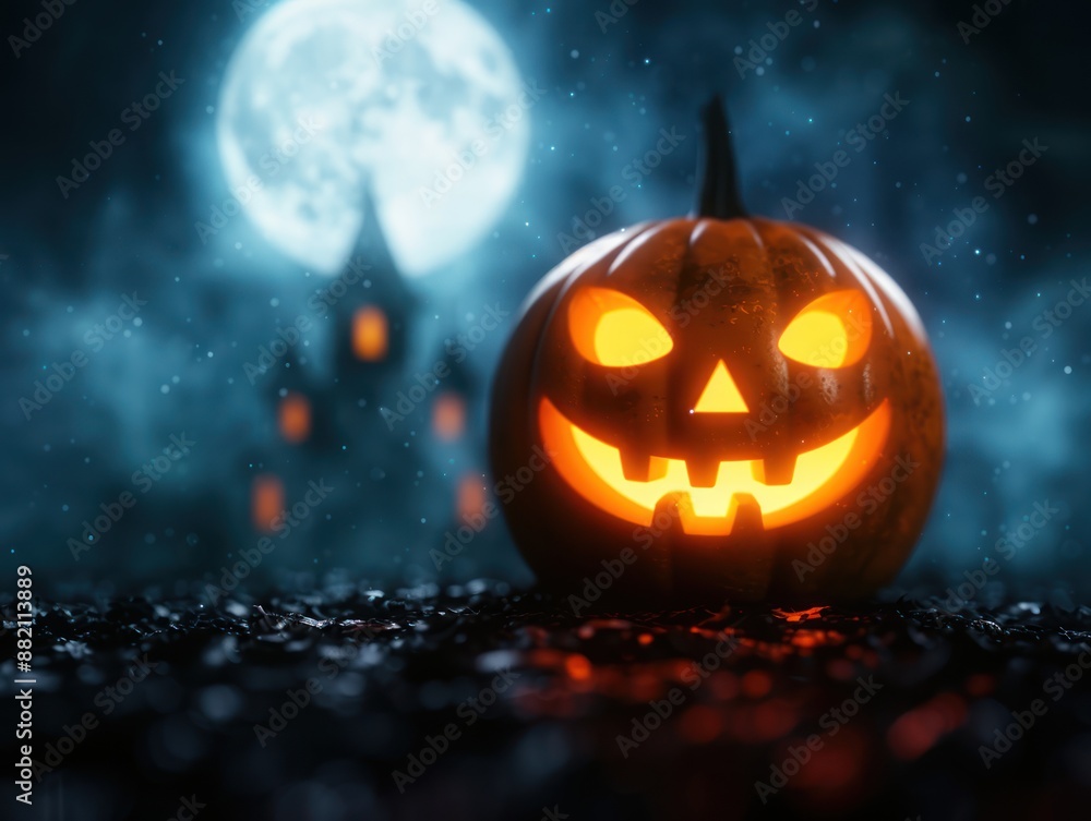 Spooky haunted house with glowing pumpkins and a full moon creating a terrifying Halloween night background close up, vibrant, overlay, graveyard backdrop Spooky haunted house with glowing pumpkins and a full moon creating a terrifying Halloween night background close up, vibrant, overlay, graveyard backdrop
