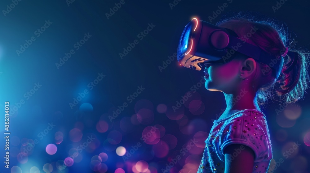 Female kid using virtual reality glasses on shining blue background Female kid using virtual reality glasses on shining blue background