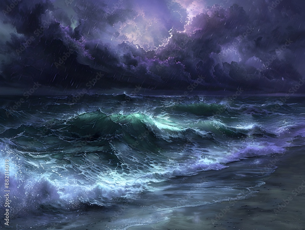 Dramatic Nighttime Seascape with Turbulent Waves and Ominous Clouds Dramatic Nighttime Seascape with Turbulent Waves and Ominous Clouds