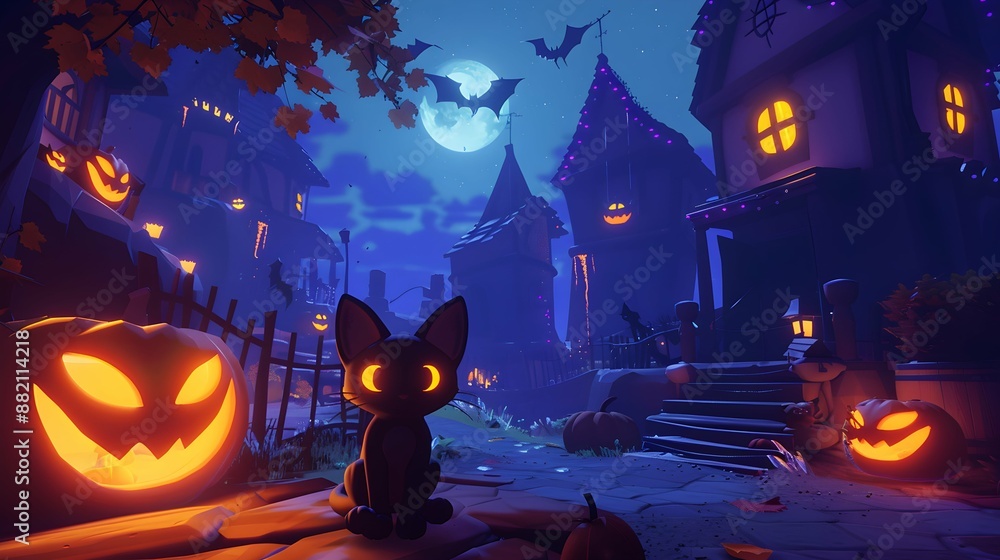 Black Cat with Glowing Eyes in Halloween Village with Jack-o'-Lanterns
Black Cat with Glowing Eyes in Halloween Village with Jack-o'-Lanterns