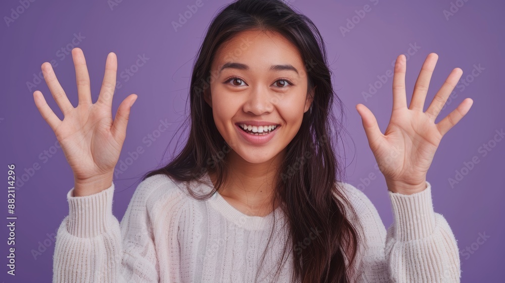 For motivation, success, and happiness in studio, high five, hands, and portrait of woman with support, care, or gesture Smiley Asian model palm, hand, or face for team building or positivity For motivation, success, and happiness in studio, high five, hands, and portrait of woman with support, care, or gesture Smiley Asian model palm, hand, or face for team building or positivity