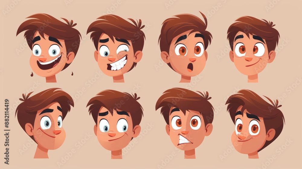 With different emotions and positions of eyes and eyebrows, lips and haircuts, this kid boy face avatar construction kit is designed to help you create your own character. With different emotions and positions of eyes and eyebrows, lips and haircuts, this kid boy face avatar construction kit is designed to help you create your own character.