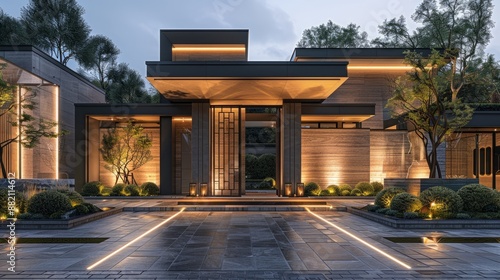 Modern luxury house exterior with lighting