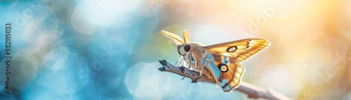 Hawk moths fluttering around tiger moths on a branch, detailed macro shot, vibrant hues, intense natural interaction photo