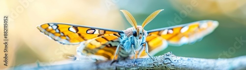 Hawk moths fluttering around tiger moths on a branch, detailed macro shot, vibrant hues, intense natural interaction photo