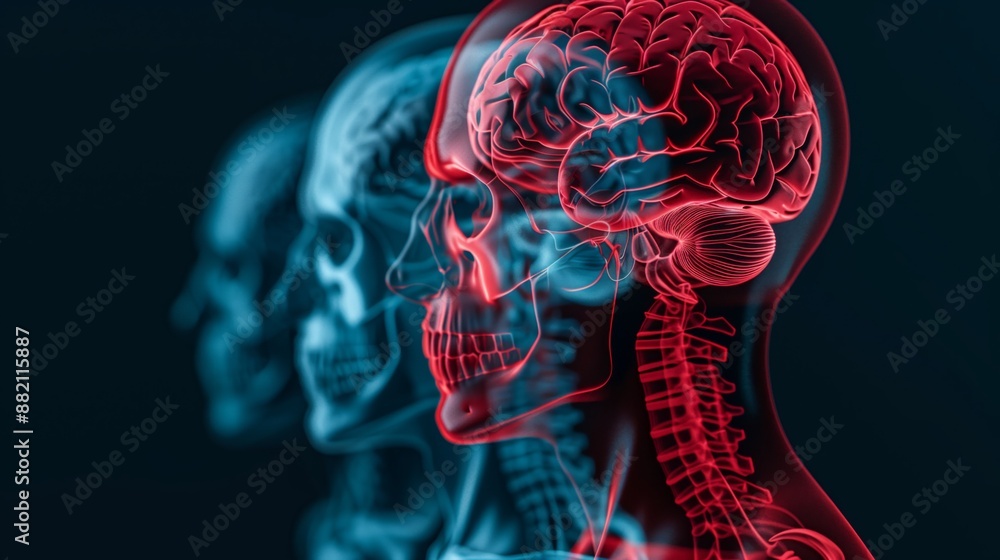 A digital illustration of a human skull and spine A digital illustration of a human skull and spine