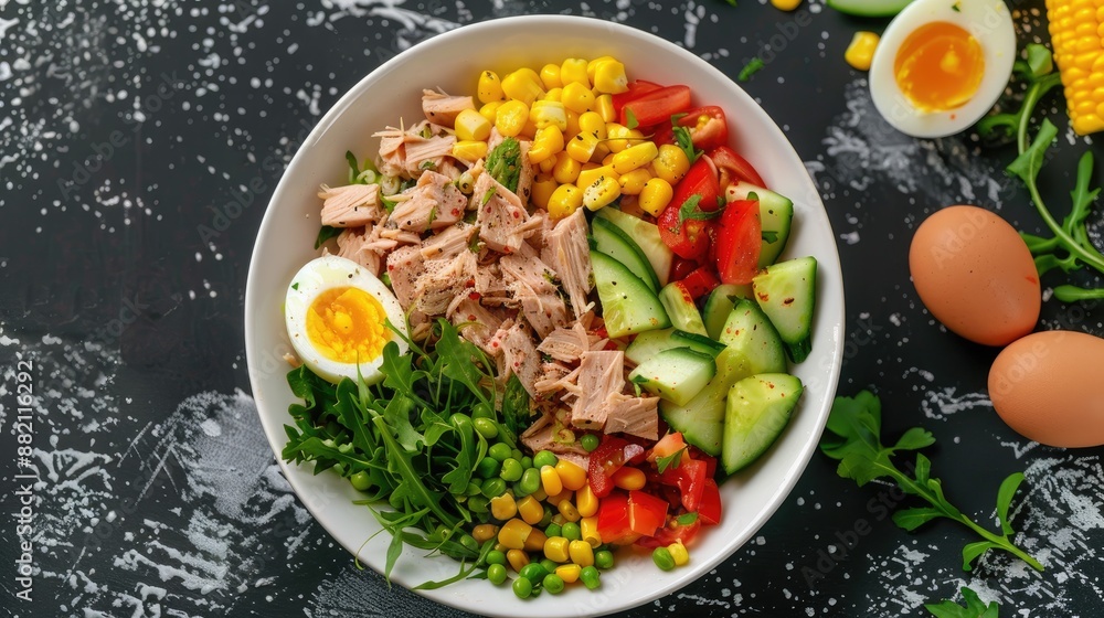 Top view of white bowl with tuna salad egg veggies and corn Top view of white bowl with tuna salad egg veggies and corn