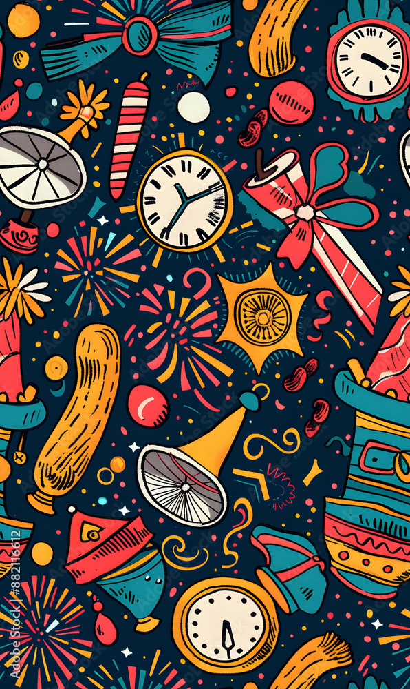Naklejka premium 2D illustrated New Year card in a cute graphic style seamless pattern.