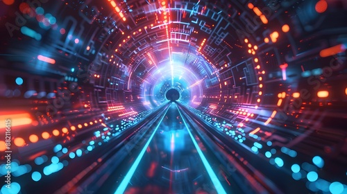 3D Futuristic circuit background. Motion graphic for abstract data center, server, internet, speed. Futuristic HUD tunnel. Display screens for tech titles and background, tech headline. 3D rende