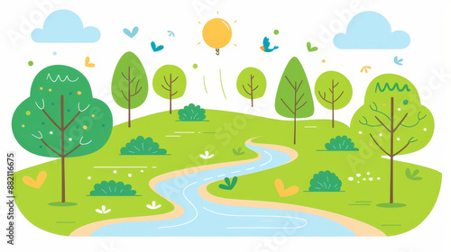 Illustration of sustainable energy sources, including solar panels and wind turbines. 