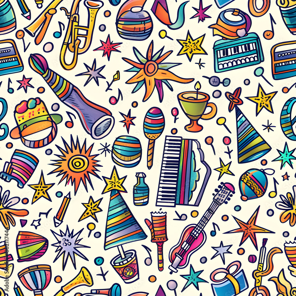 Obraz premium 2D illustrated New Year card in a cute graphic style seamless pattern.