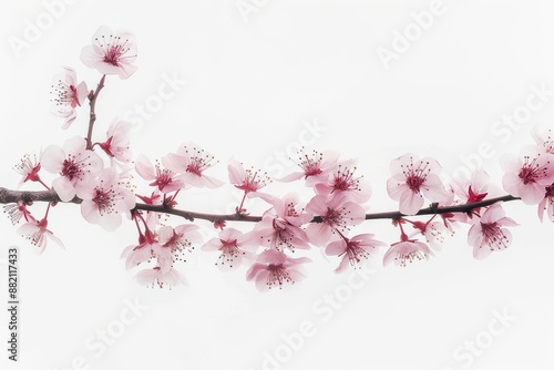 ethereal cherry blossom branch against pure white backdrop delicate pink petals unfurl capturing fleeting beauty soft focus enhances dreamy atmosphere with subtle shadows adding depth photo