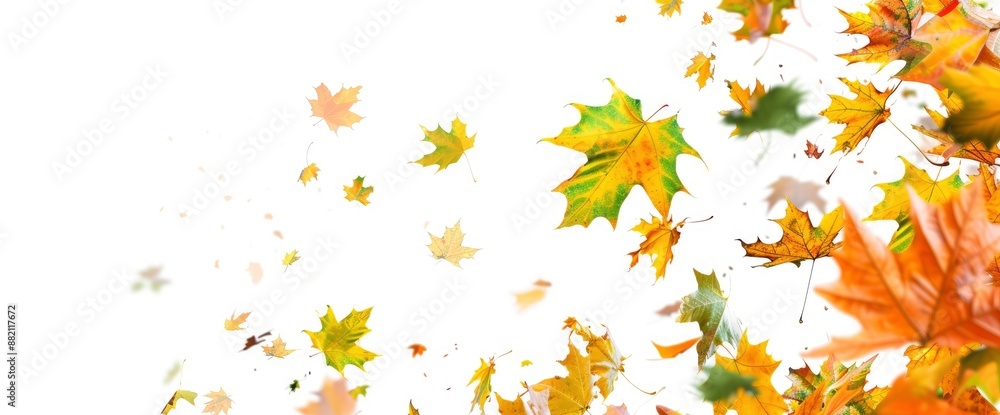 Green and autumn leaves isolated on a white background, capturing the transition of seasons Green and autumn leaves isolated on a white background, capturing the transition of seasons