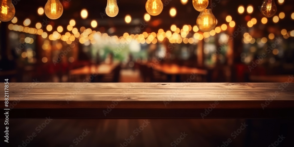 Wooden Table Top with Bokeh Lights Background Wooden Table Top with Bokeh Lights Background