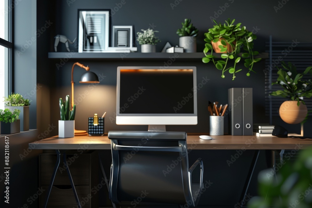 This image showcases a sleek and modern workspace, complete with a stylish desk and various inspirational decor elements. This image showcases a sleek and modern workspace, complete with a stylish desk and various inspirational decor elements.
