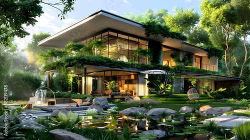 Luxurious modern home surrounded by serene natural landscape with tranquil lake and lush vegetation © TEN.POD
