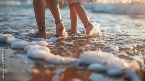 A mother and child wearing matching anklets walking together in the gentle ocean waves during sunset. photo