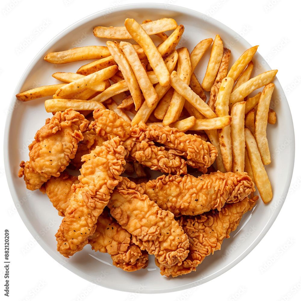 Crispy chicken strips with French fries in a white plate, isolated on transparent background Crispy chicken strips with French fries in a white plate, isolated on transparent background