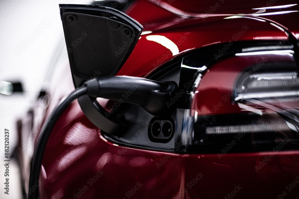 Image shows an electric car being charged. The charging cable is plugged into the car, which appears to be a red vehicle, in a well-lit setting