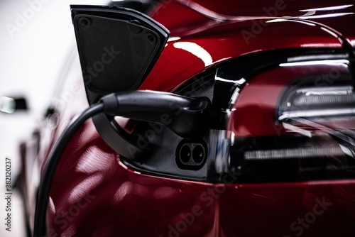Obraz na płótnie Image shows an electric car being charged. The charging cable is plugged into the car, which appears to be a red vehicle, in a well-lit setting w salonie