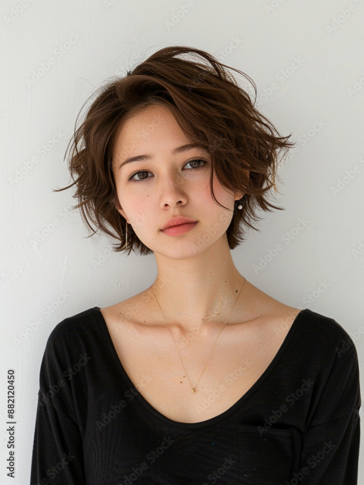 20s japanese woman, short brown hair, photographed in a studio,natural pose, natural fashion, white background 20s japanese woman, short brown hair, photographed in a studio,natural pose, natural fashion, white background