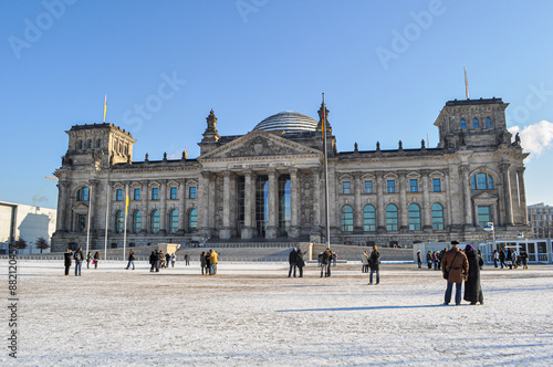 Berlin, Germany. The Reichstag building, house of the Deutscher Bundestag (German Federal Parliament) on a snowy winter day
