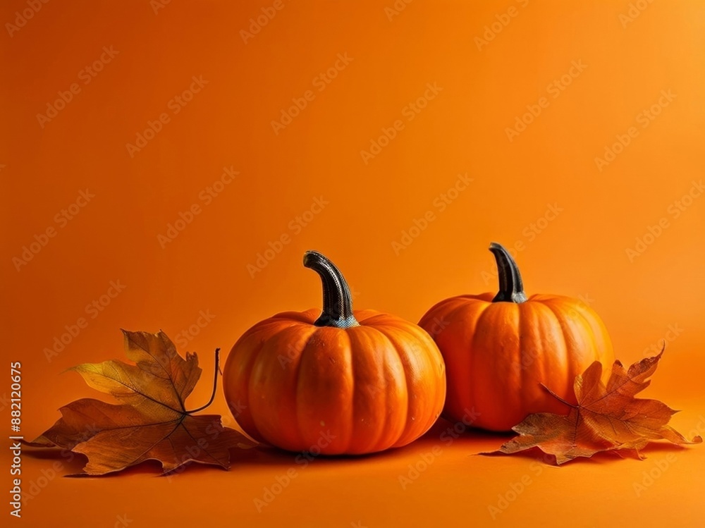 Autumnal orange pumpkins isolated on orange background. AI generation.
Autumnal orange pumpkins isolated on orange background. AI generation.