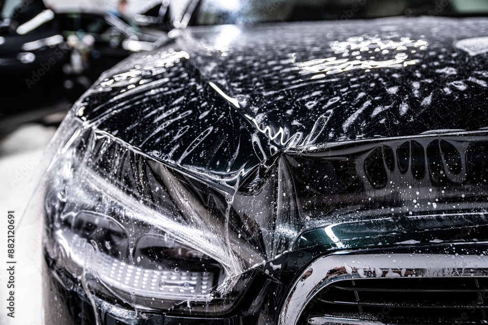 Image shows a black car being covered with a transparent protective film in a well-lit garage or workshop. The film is being carefully applied to the car's front end.