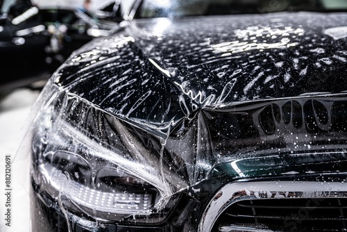 Obraz na płótnie Image shows a black car being covered with a transparent protective film in a well-lit garage or workshop. The film is being carefully applied to the car's front end. w salonie