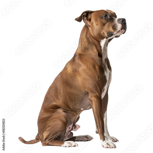 full body photo of an American pit bull dog sitting down, looking to the right isolated on transparent background, png. photo