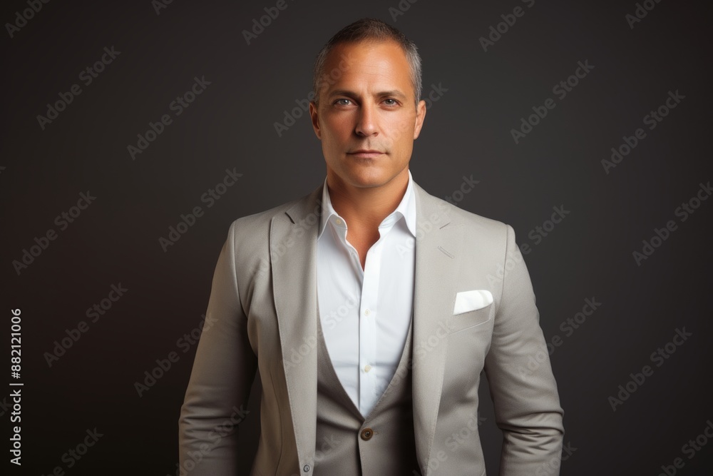 Portrait of a tender man in his 40s dressed in a stylish blazer on blank studio backdrop Portrait of a tender man in his 40s dressed in a stylish blazer on blank studio backdrop