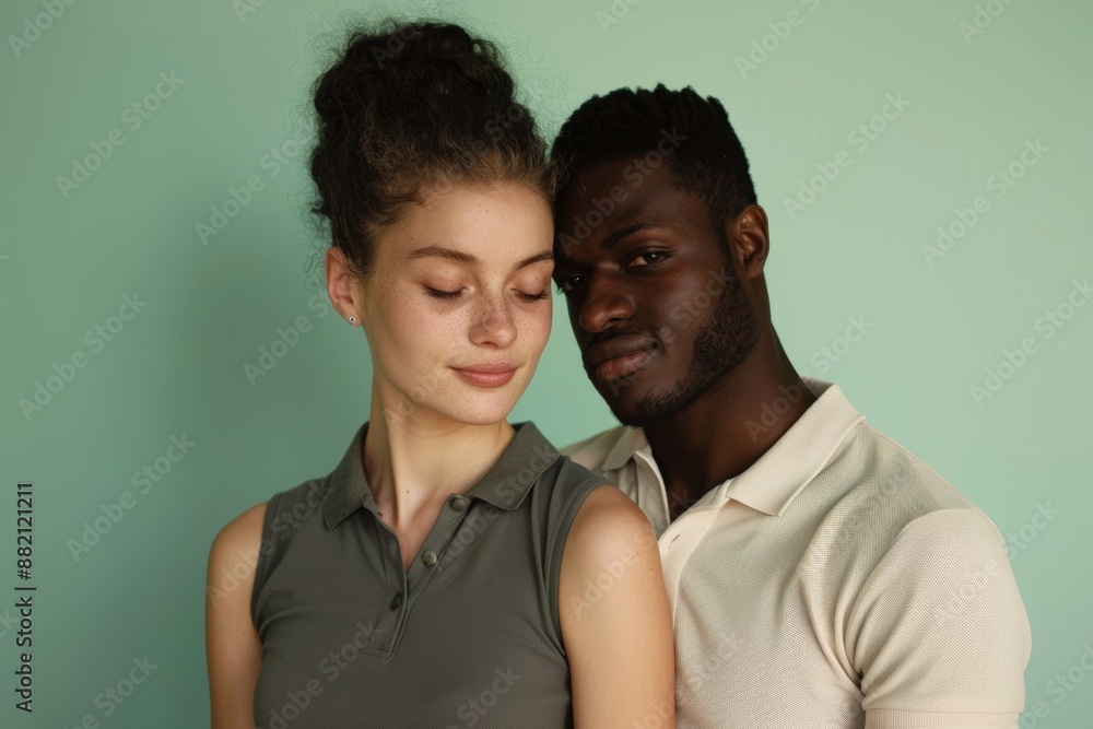 Portrait of a tender multicultural couple in their 20s wearing a sporty polo shirt over pastel green background Portrait of a tender multicultural couple in their 20s wearing a sporty polo shirt over pastel green background