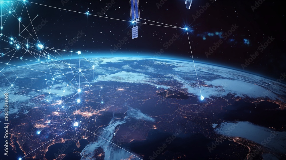 Telecommunication technology networks around Earth for internet and 5G cellular data connection Telecommunication technology networks around Earth for internet and 5G cellular data connection