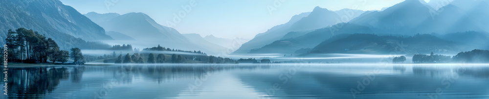 Obraz premium Scenic Misty Mountain Lake Landscape with Tranquil Reflections at Sunrise