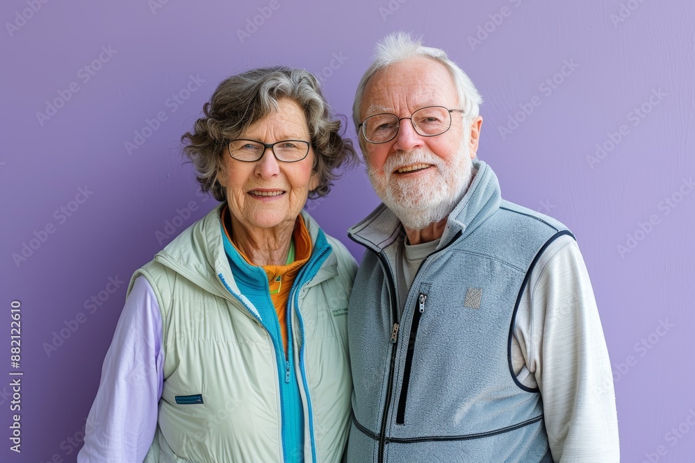 Portrait of a glad caucasian couple in their 50s wearing a lightweight running vest on pastel purple background Portrait of a glad caucasian couple in their 50s wearing a lightweight running vest on pastel purple background