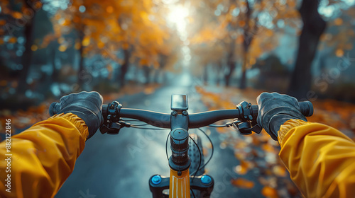 Point of view of a cyclist riding through snowy, wet city streets at night, with colorful city lights in the background, highlighting urban adventure and resilience. photo