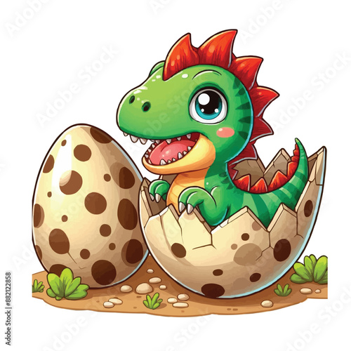 Cartoon baby spinosaurus hatching from egg ,colorful vector illustration, isolated on white background