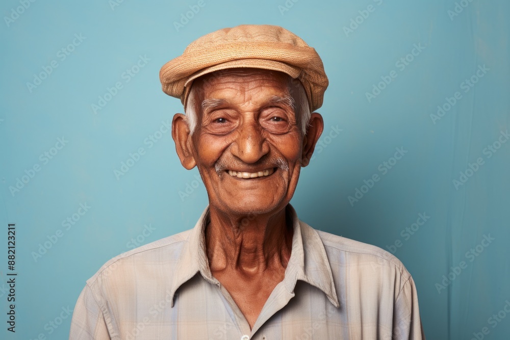 Portrait of a happy indian elderly man in his 90s sporting a breathable hiking shirt in front of blank studio backdrop Portrait of a happy indian elderly man in his 90s sporting a breathable hiking shirt in front of blank studio backdrop