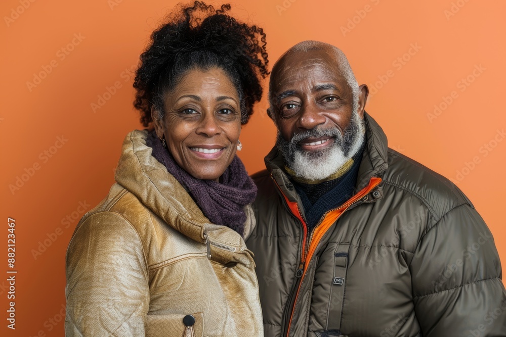 Portrait of a content afro-american couple in their 50s donning a durable down jacket on pastel orange background Portrait of a content afro-american couple in their 50s donning a durable down jacket on pastel orange background